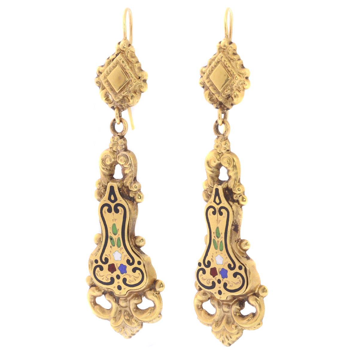 Antique floral enamel dangle earrings yellow gold, Victorian era (image 2 of 11)